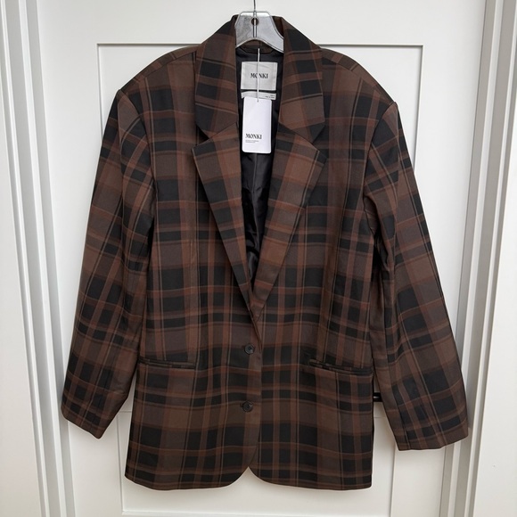 Monki oversized blazer in brown check plaid women's jacket M - Picture 2 of 5